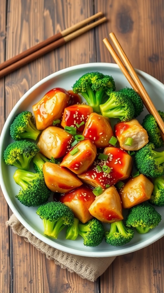 Air fryer sweet and spicy broccoli chicken with sesame seeds and green onions on a rustic table.